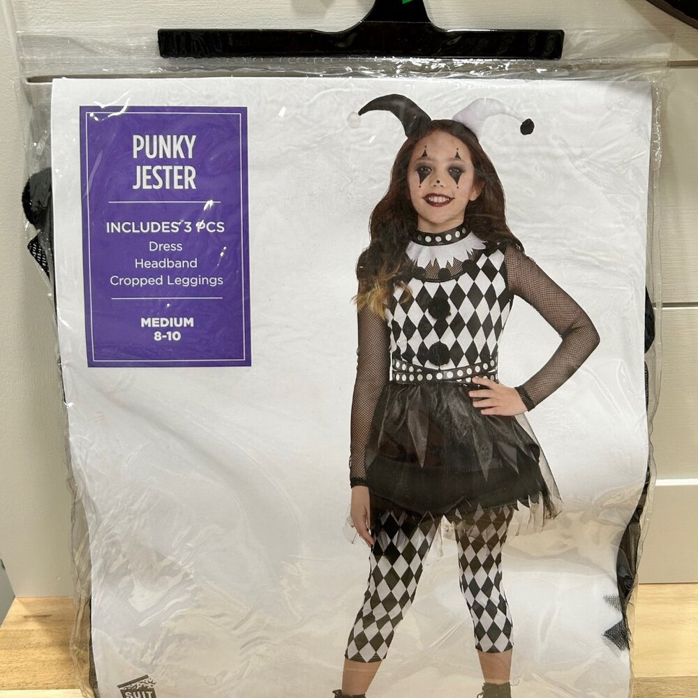 3pc Punky Jester Clown Circus Carnival Evil Dress Up Halloween Child M 8-10